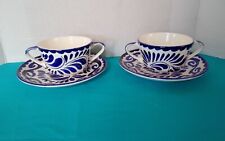 Vintage Mexican Pottery Anfora Puebla Blue Floral 4 PC set Soup Bowl/Cup & Plate picture
