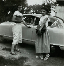 Two Women Holding School Books Standing By Car B&W Photograph 2.5 x 2.5 picture