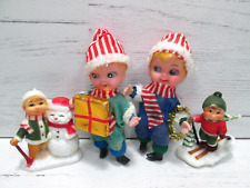 Vintage Hard Plastic Felt Boy Skiing Hold Present Christmas Ornament Lot Kitsch picture
