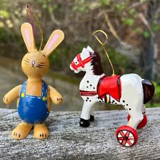 Vintage Wood Figurine Ornaments: 1979 R Dakin Bunny Rabbit + Toy Horse Wheels picture