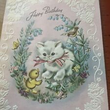 Vtg Birthday Card Kitten white baby chick bird grasshopper Pastel coronation picture