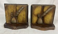 VTG Syroco Wood Book Ends Book And Feather Quill Pen Ink Well WORN 6x6” picture
