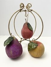 3 Sugared Fruits Red and Purple Pears Gold Apple Hanging Christmas Ornaments picture