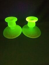 2 Vintage 1940s Green Uranium Glass Satin Frosted Art Deco Candle Holders GLOW picture