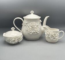 Vintage Godinger White Porcelain Rosemary Teapot Tea Set with Applied Flowers picture
