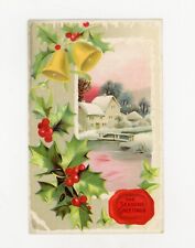 Vintage Postcard Christmas  BELLS  HOLLY  HOUSE SNOW  EMBOSSED UNPOSTED picture