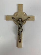 Vintage Mother of Pearl Look Plastic Personal Crucifix w/ Metal Relief of Jesus picture