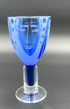 Etched Glass Blue Faces Wine Goblet Signed L Drumm ‘02 picture