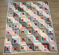 Antique Log Cabin Quilt Hand Stitched Vintage Fabrics Light Blue Backing READ picture