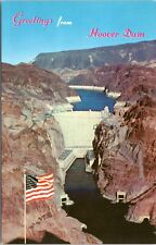 Postcard NV - Greetings from Hoover Dam -- aerial of dam with US Flag picture