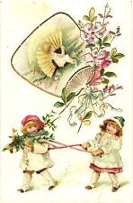 A Little Boy and Girl Carrying Flowers and Huge Fan, Embossed Postcard picture