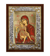 Greek Orthodox Silver Icon Virgin Mary Theotokos Axion Esti Hagiography 26x20cm picture