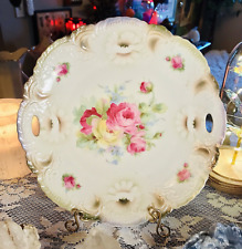Vintage German Victorian Cottage Fairy Garden Iridescent Hand Paint Cake Plate picture