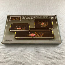 Vintage Jay Import Co Pair of Black Lacquerware Asian Floral Trays with Box picture