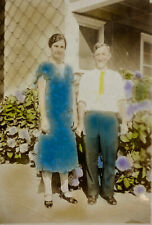 1930s Hand Colored Portrait Photo Man and Woman Outside House Home Flowers picture