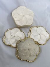 Vtg Capiz Shell Mother of Pearl Flower Shaped Cork Backed Coaster 6 Set W Box picture