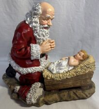 Vintage Kneeling Santa Praying Over Baby Jesus Ceramic Figure Bronners Roman  picture