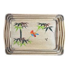 4 Vintage Bamboo Nesting Serving Trays Bamboo Parrot Wasp Made in Japan 1950s picture