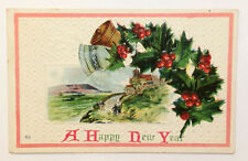 Happy New Year Postcard Vintage Bells Holly Embossed c1910 DELAWARE OH picture
