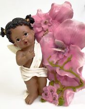 AFRICAN AMERICAN FAIRY ANGEL BABY GIRL FIGURINE WITH FLOWERS AND BUTTERFLY 11.5