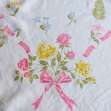 Vintage 1950s Floral Bows Tablecloth 48x49 Pink Blue Yellow Kitsch Retro picture