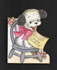 vintage 1948 Rust Greeting HELLO BIRTHDAY Card ribbon Puppy Dog at Chair picture