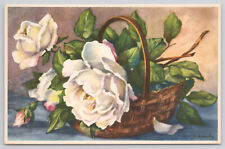 Beautiful Antique White Rose in Basket Postcard picture