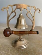 VINTAGE ANTIQUE SMALL BRASS BELL WITH BRASS STAND AND WOODEN STRIKING MALLET picture