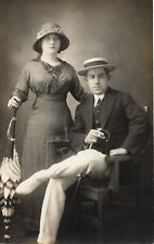 Man And Woman Real Photo Postcard Studio RPPC 1920s Suit Hat Dress 3 3/8 x 5 1/2 picture