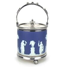 Wedgwood Jasperware Biscuit Jar Silver Lid Handle Base Hallmark Deep Blue picture