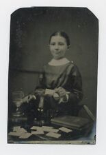 1860's-1880's TINTYPE SMILING GIRL, GOBLET, PITCHER, 12 CDV PHOTOS LAY FACE DOWN picture