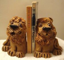 Pair Vintage 1978 Dave Grossman Lion Clay Sculpture Bookends Handmade Signed picture
