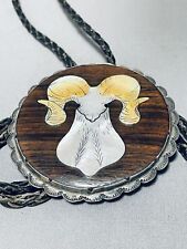 HUGE POWERFUL VINTAGE NAVAJO RAM STERLING SILVER SHELL BOLO TIE picture