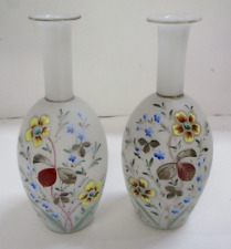 Pair of Antique Handblown Opaline White Glass Floral Painted Vases picture