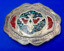 Gorgeous Thunderbird Native American Indian Turquoise Coral Chip Belt Buckle picture