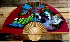 Oriental Asian Folding Wall Fan Decor Hand Painted Birds 40x24 Vintage picture