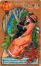 Vintage Winch Back Romantic Couple, Bench, Flower JOL/Pumpkin Halloween Postcard picture