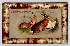 Postcard A Happy Eastertide Anthropomorphic Rabbits Reading Book United Art Pub. picture
