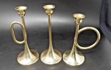 Vintage Set of 3 Silvestri Solid Brass Holiday Horns Candle Holders Hong Kong picture