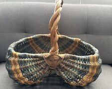 Vtg Handmade Blue Large Buttock Woven Basket With Infinity Knot Vine Handle picture