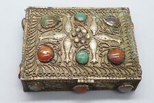 Vintage Handmade Silver Metal Trinket Box with Polished Stone Accents picture