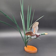Vintage Wooden Flying Mallard Duck Decoy Reeds Grass Sculpture On Wooden Base picture