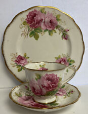 Royal Albert AMERICAN BEAUTY Tea Cup Saucer and 8” Plate Trio Set Gold Pink Rose picture