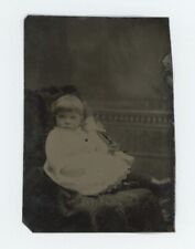 c1860'S 1/6 Plate TINTYPE Adorable Little Girl Sitting in Chair Holding Her Doll picture