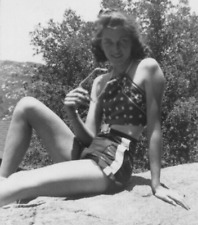 4M Photograph Beautiful Woman 1941 Sunning On Rock Holding Sunglasses Lovely  picture