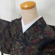 VINTAGE Japanese Kimono black brown Oshima Tsumugi Silk 7 Maruki  S size G-628 picture