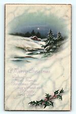 A Merry Christmas Snow Covered Cottage at the End of a River Vintage Postcard E5 picture