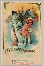 Postcard Christmas Greetings Girl Snowman Gold Highlighting Embossed *C5380 picture