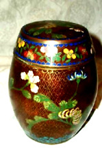 ANTIQUE CLOISONNE CANISTER JAR RED ORNATE FLORAL LIDDED TURQUOISE LINED picture