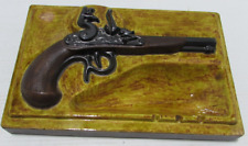 Vintage Browm Large Ceramic Ashtray w/ Flintlock Dueling Pistol 12x8x3
